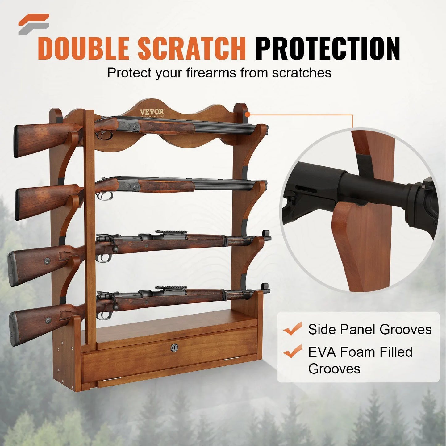 Heavy Duty Wall Mounted Gun Rack for 4 Rifles and Shotguns - VEVOR Wooden Display Storage