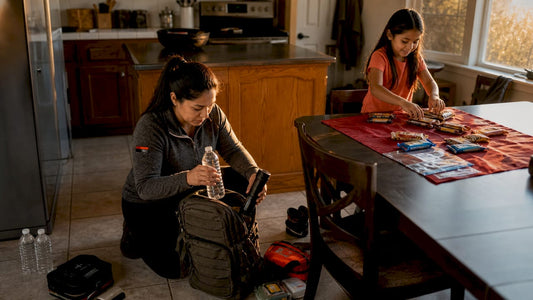 Mother and daughter packing emergency gear