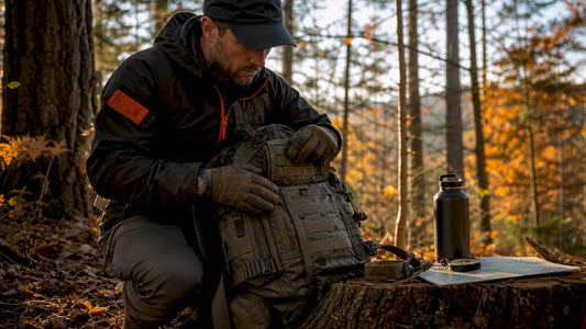 Person adjusting tactical backpack outdoors
