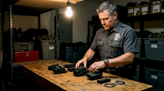 Police officer arranging duty belt accessories