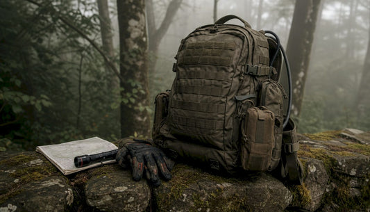 Tactical backpack with modular accessories outdoors