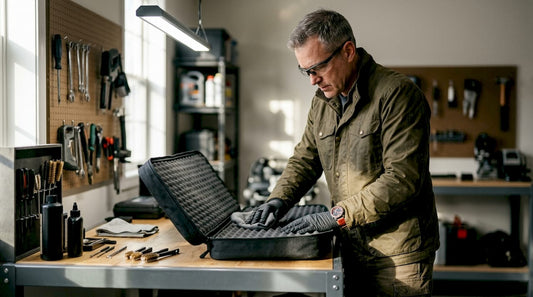 Man inspecting rifle case interior in workshop