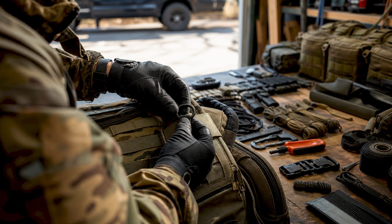 Close-up of hands attaching metal D-ring to tactical backpack