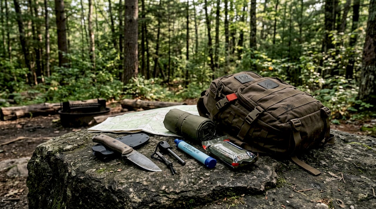Detailed defensive survivalist kit laid out on wooden table
