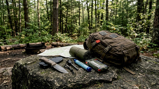 Detailed defensive survivalist kit laid out on wooden table