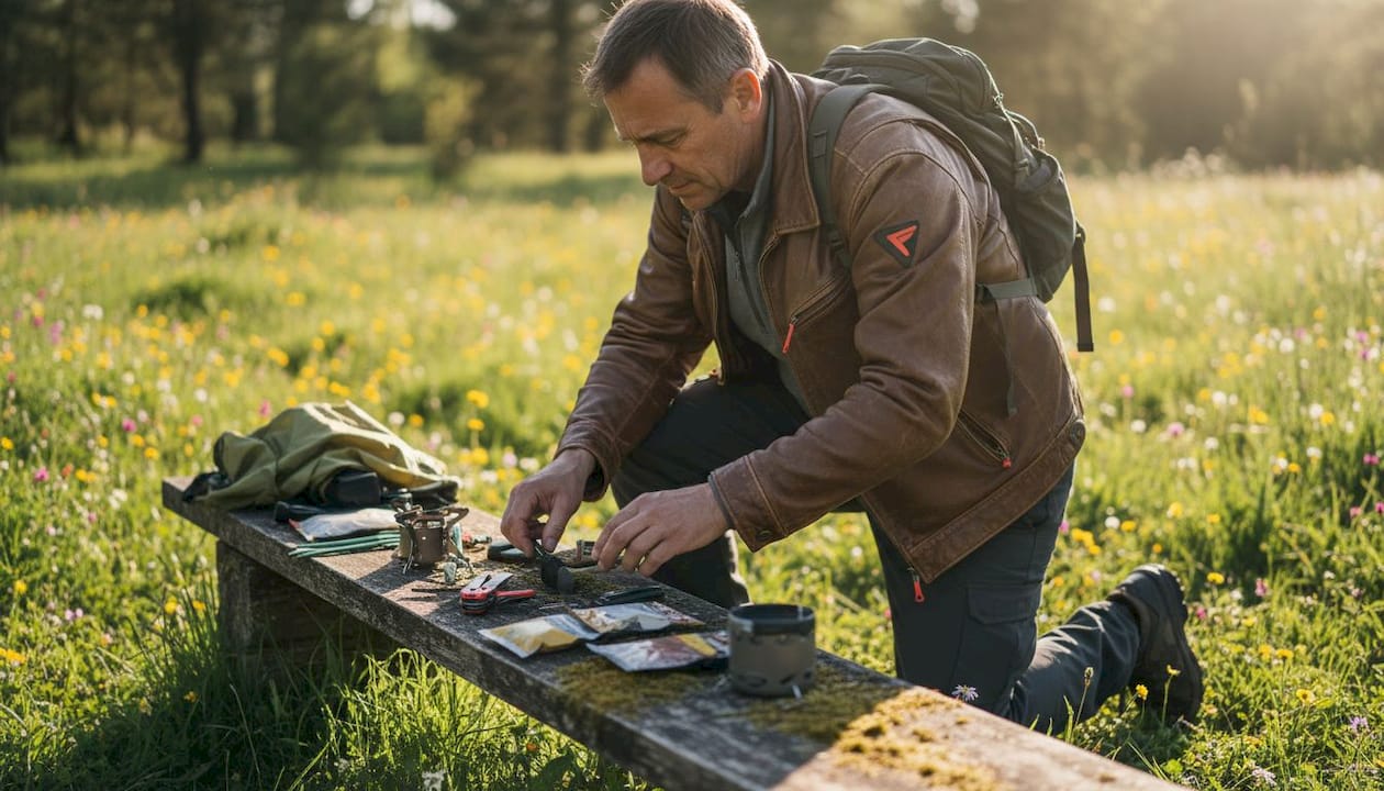 Outdoor enthusiast arranging survival gear on table