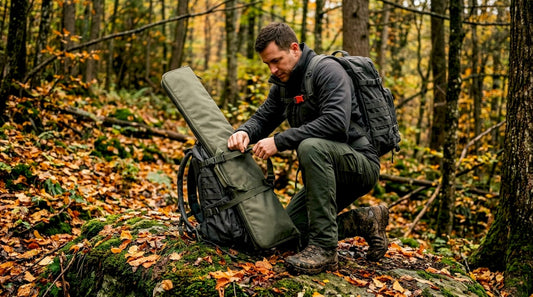 Hunter adjusting rifle case in forest