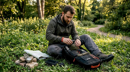 Man packing tactical carry-on bag carefully