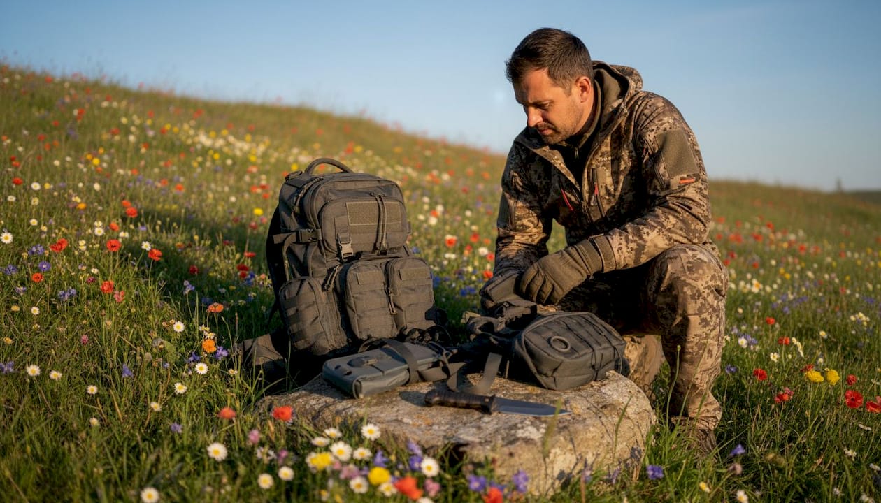 Hunter inspecting tactical gear outdoors