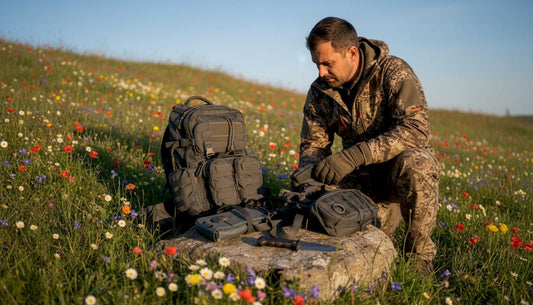 Hunter inspecting tactical gear outdoors