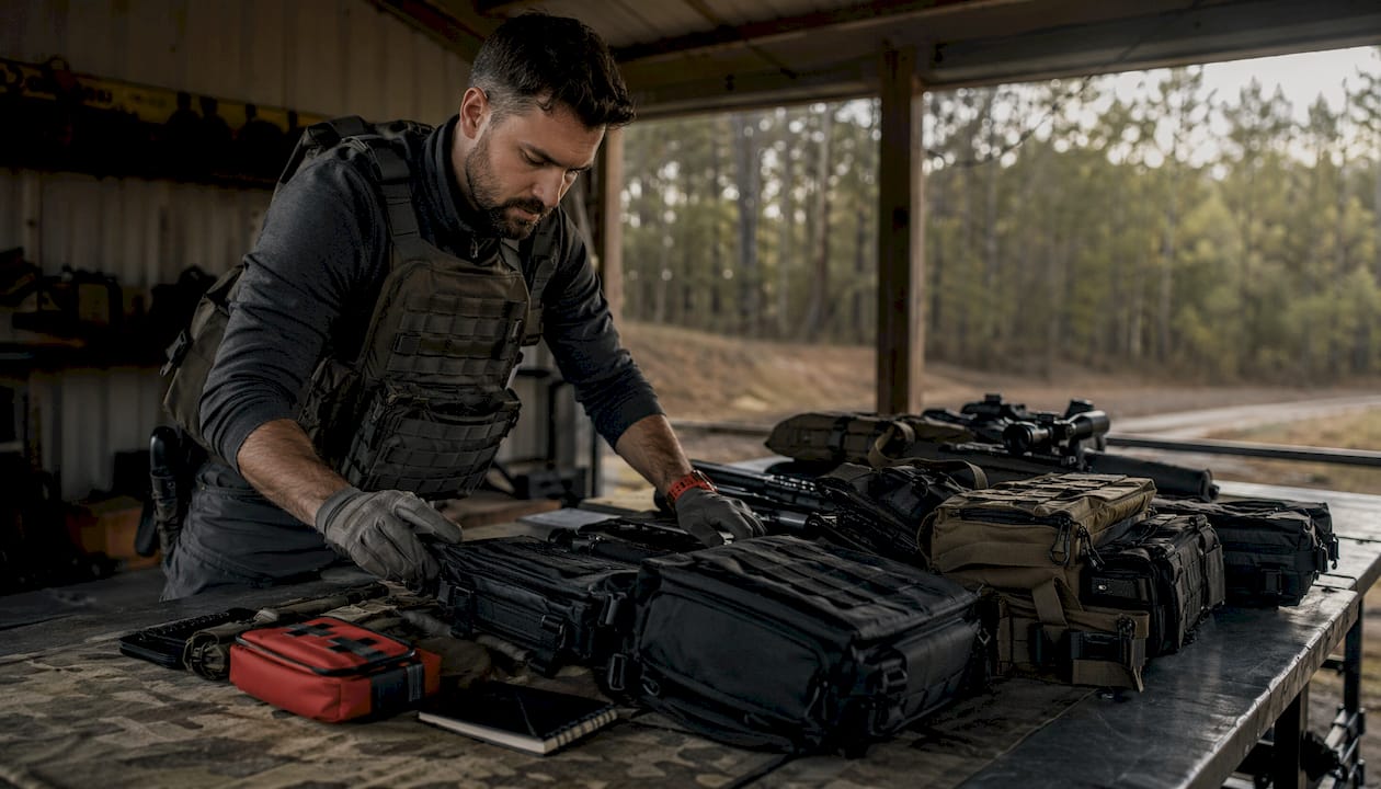 Enthusiast inspecting tactical gear on workbench
