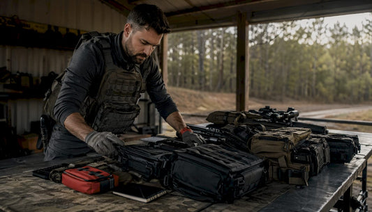 Enthusiast inspecting tactical gear on workbench