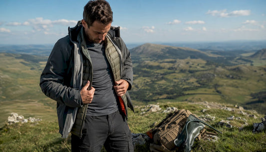 Man adjusting layered tactical clothing outdoors