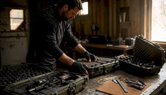 Man organizing tactical carbine cases on workbench