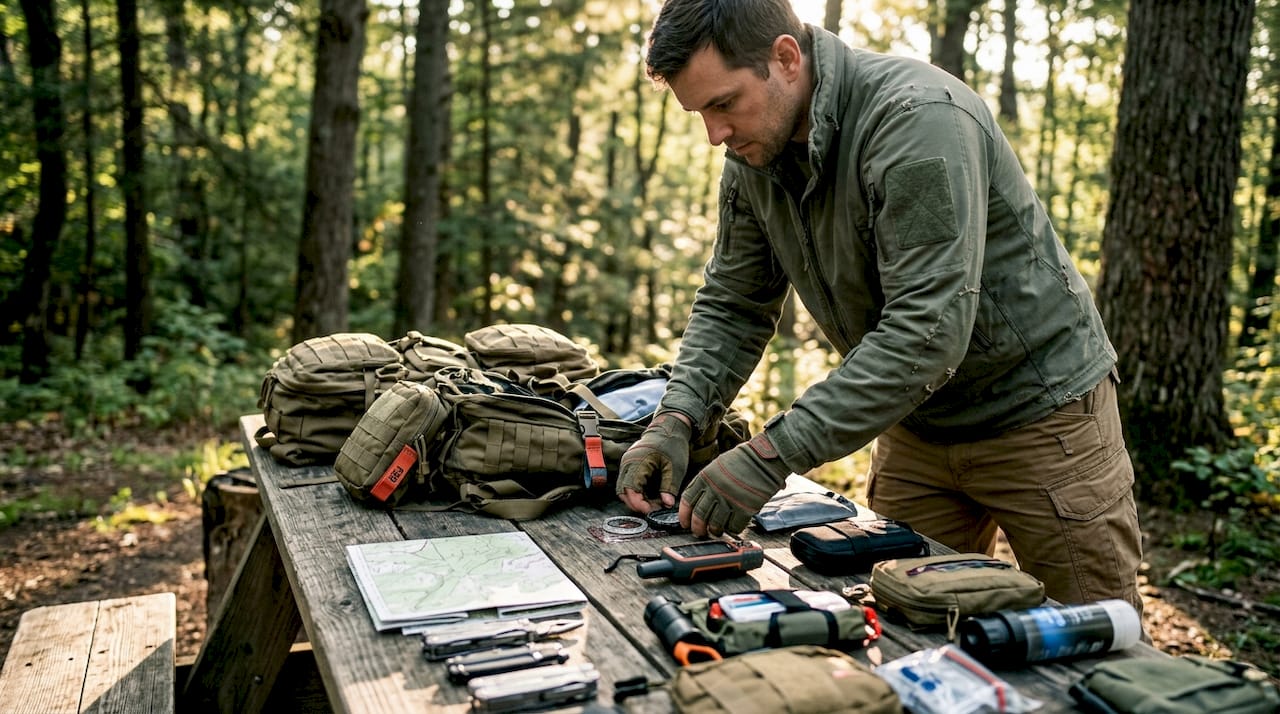 Hiker organizing tactical outdoor gear at dawn