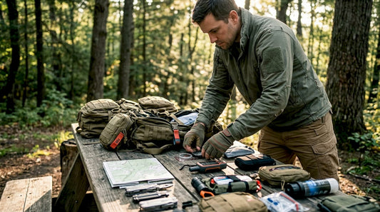 Hiker organizing tactical outdoor gear at dawn