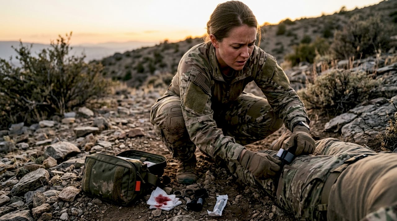 Field medic applying tourniquet outdoors