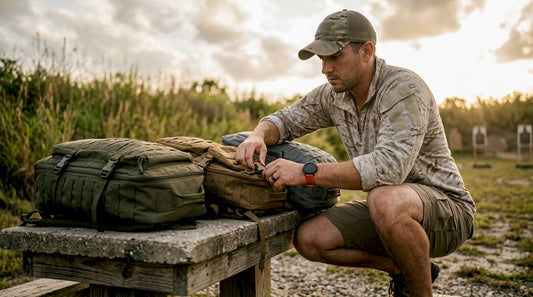 Person examining multiple tactical range bags outdoors