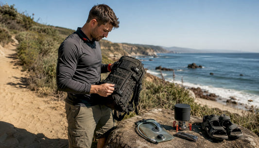 Traveler inspecting durable tactical backpack outdoors