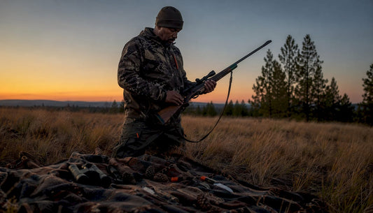 Hunter inspecting rifle and gear outdoors