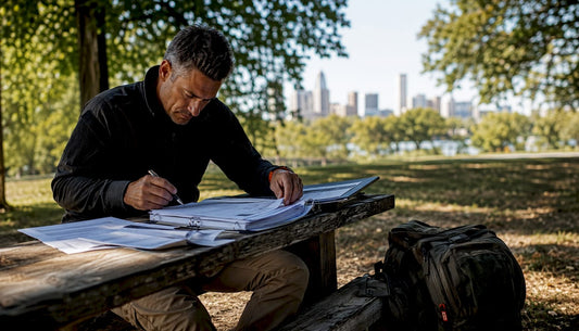 Man reviewing military spec document at table