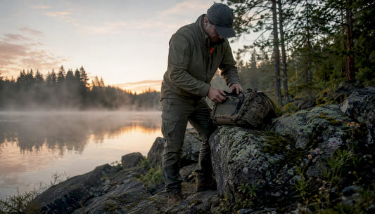 Man opening concealed carry tactical bag outdoors