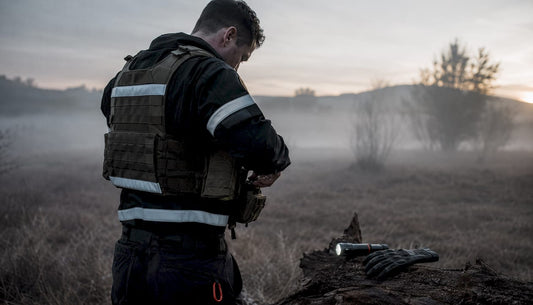 Operator adjusting gear with reflective strips outdoors