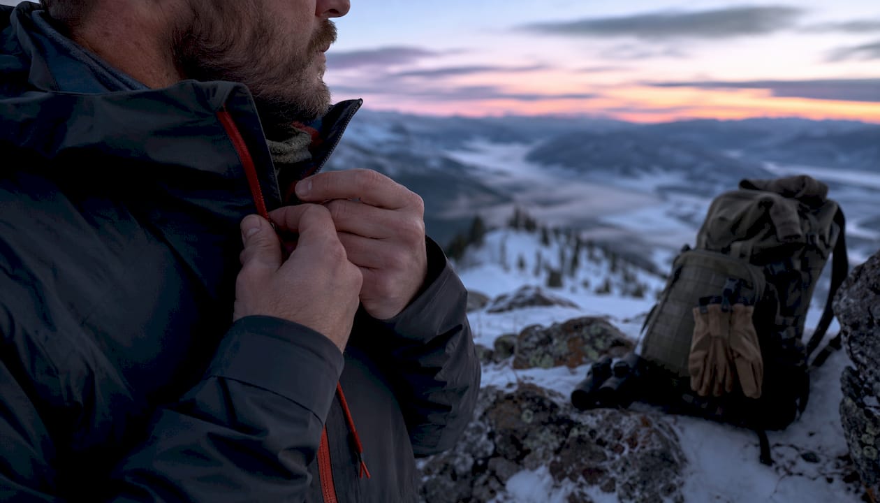 Hunter wearing layered cold weather hunting gear outdoors