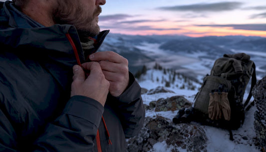 Hunter wearing layered cold weather hunting gear outdoors