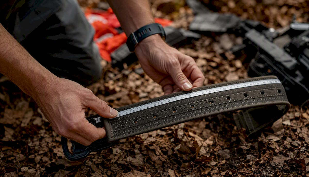 Hands measuring gun belt with tape measure