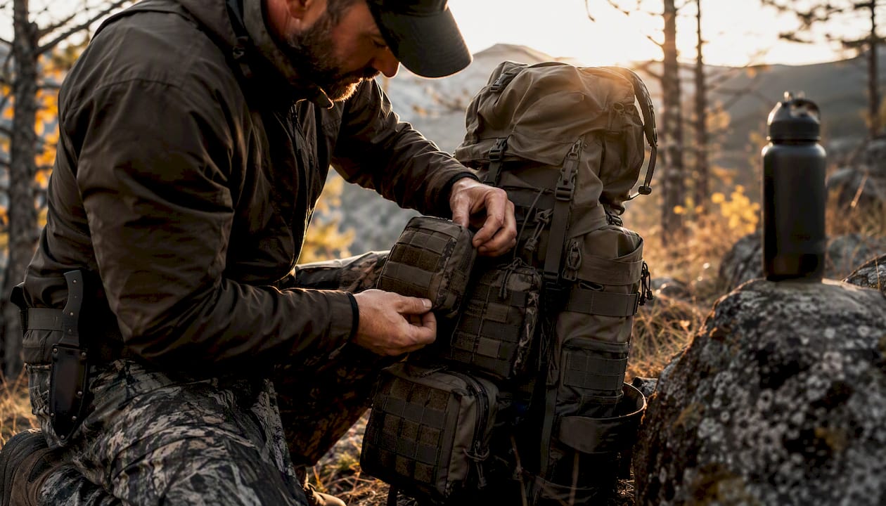 Hunter adjusting modular pack pouch outdoors