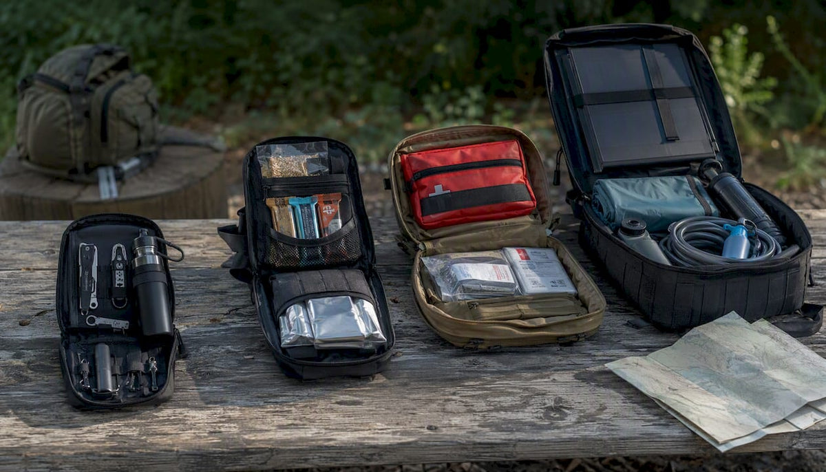 Prepared self-defense tiered kits on outdoor table