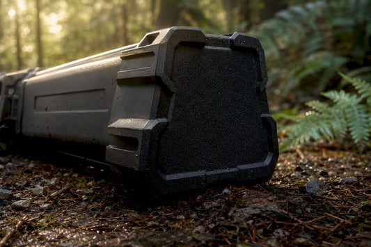Close-up of rugged rifle case end cap outdoors