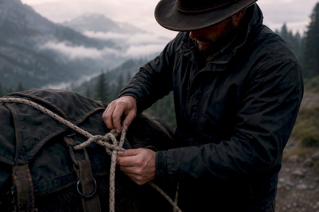 Person tying gear on pack animal saddle