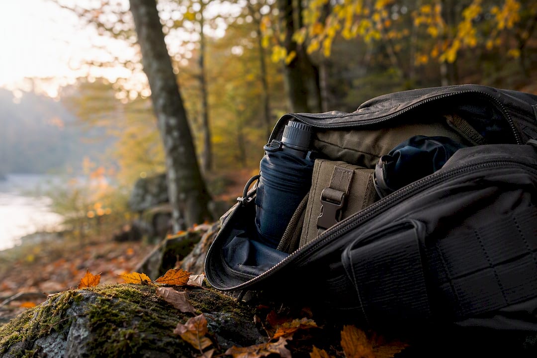 Open tactical get home bag with survival gear