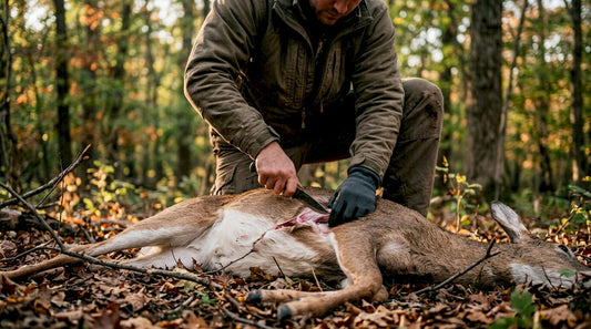Hunter field dressing game on forest floor