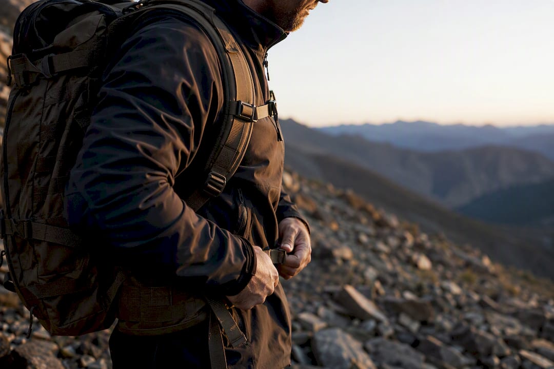Hunter adjusting tactical backpack straps