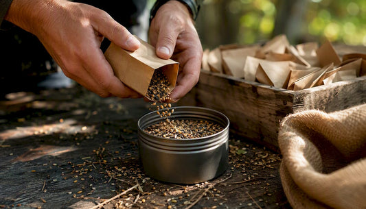 Hands storing heirloom seeds in jar