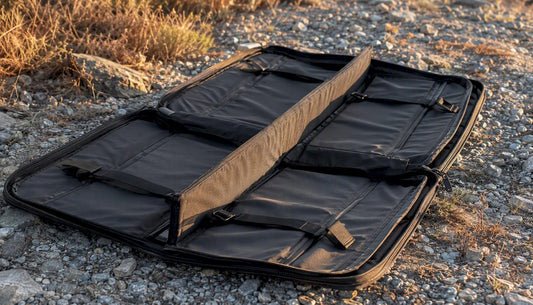Double-sided rifle case unzipped flat outdoors