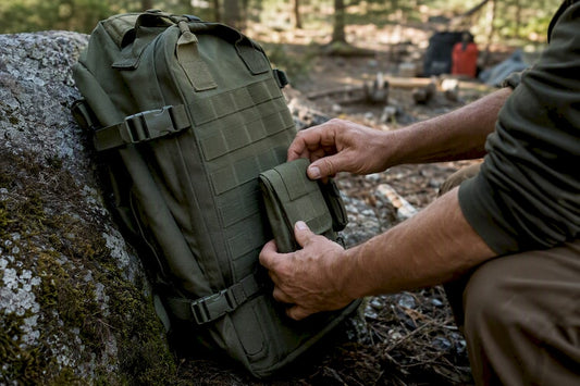 Hands weaving pouches on tactical backpack
