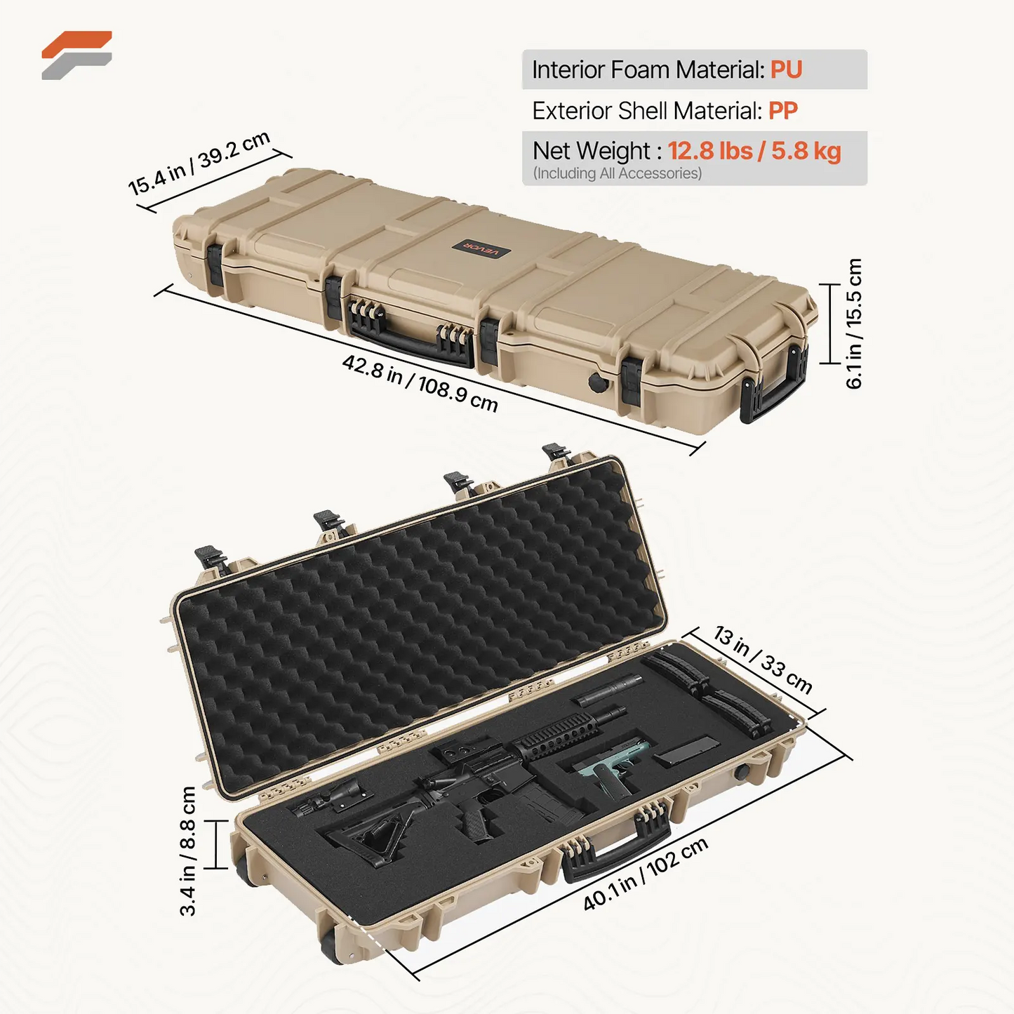 VEVOR 40-Inch Lockable Hard Rifle Case with Waterproof Foams and Wheels for Rifles & Shotguns