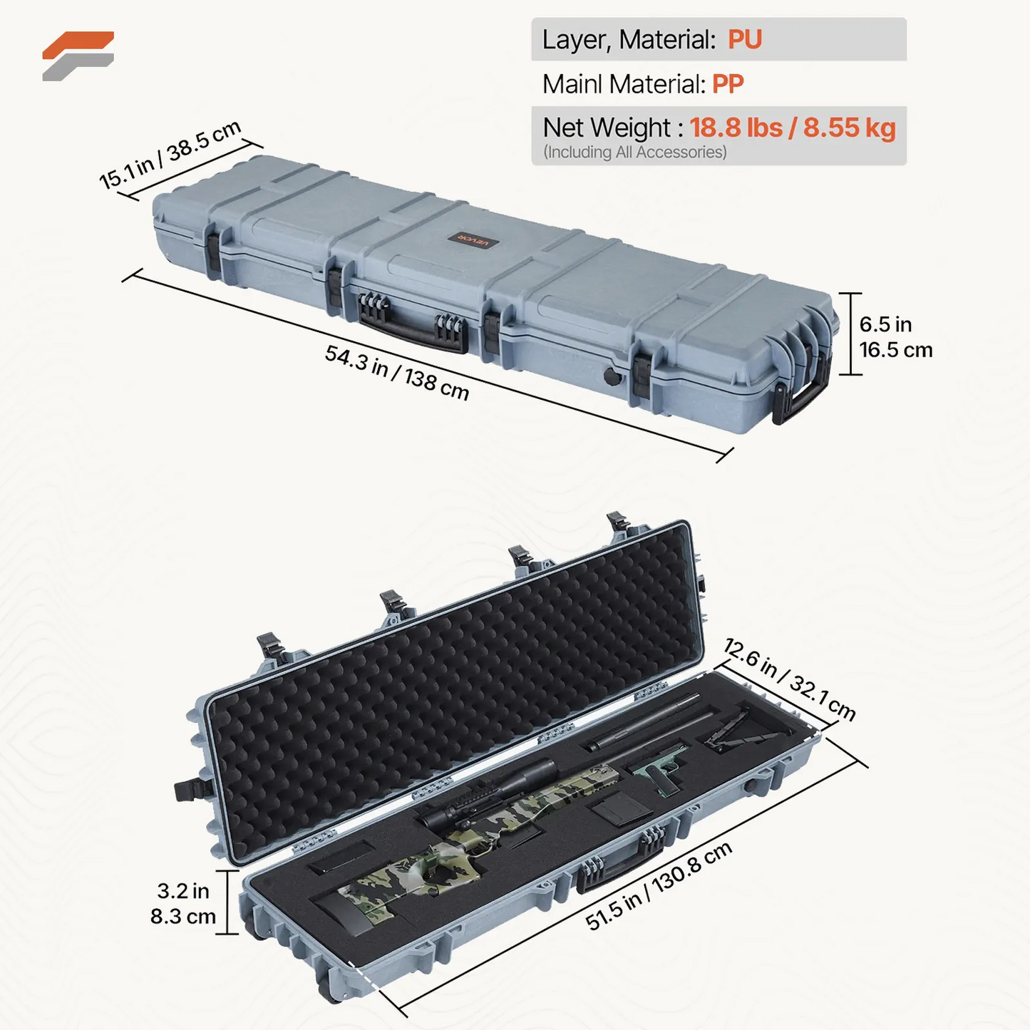 Waterproof Lockable Hard Rifle Case with Custom Foam Inserts - 50 Inch Gun Storage with Wheels