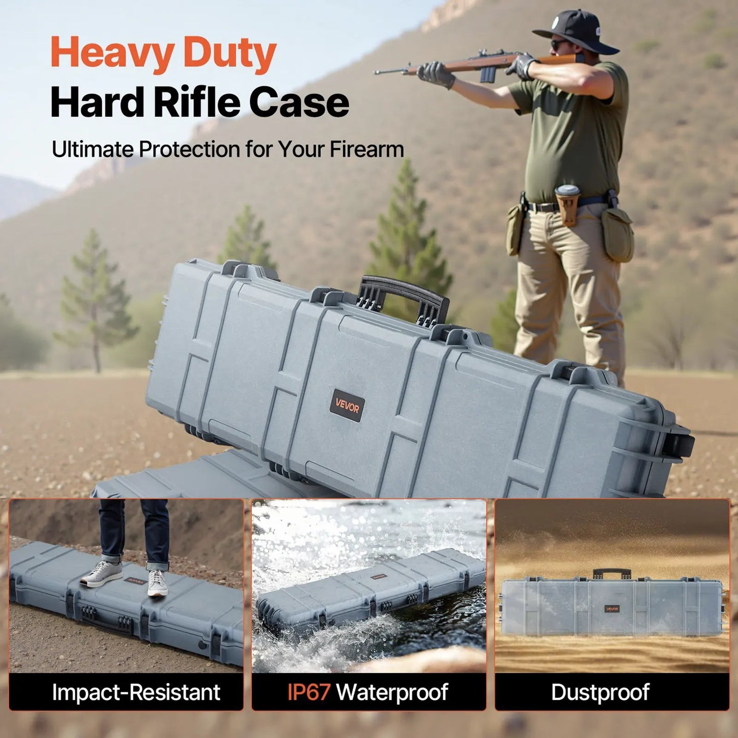 Waterproof Lockable Hard Rifle Case with Custom Foam Inserts - 50 Inch Gun Storage with Wheels