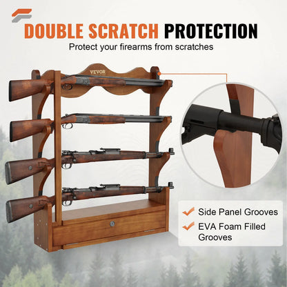 Heavy Duty Wall Mounted Gun Rack for 4 Rifles and Shotguns - VEVOR Wooden Display Storage