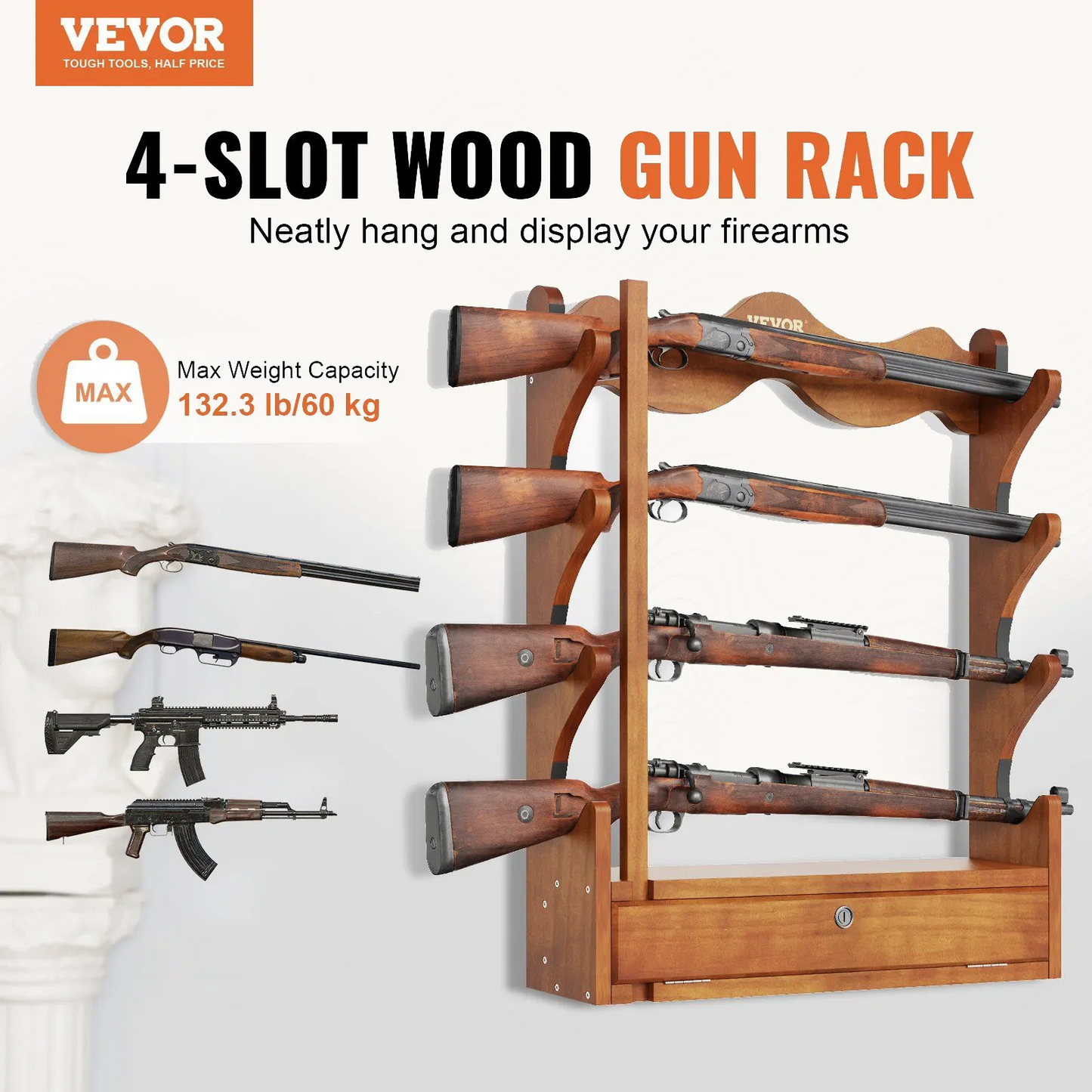 Heavy Duty Wall Mounted Gun Rack for 4 Rifles and Shotguns - VEVOR Wooden Display Storage