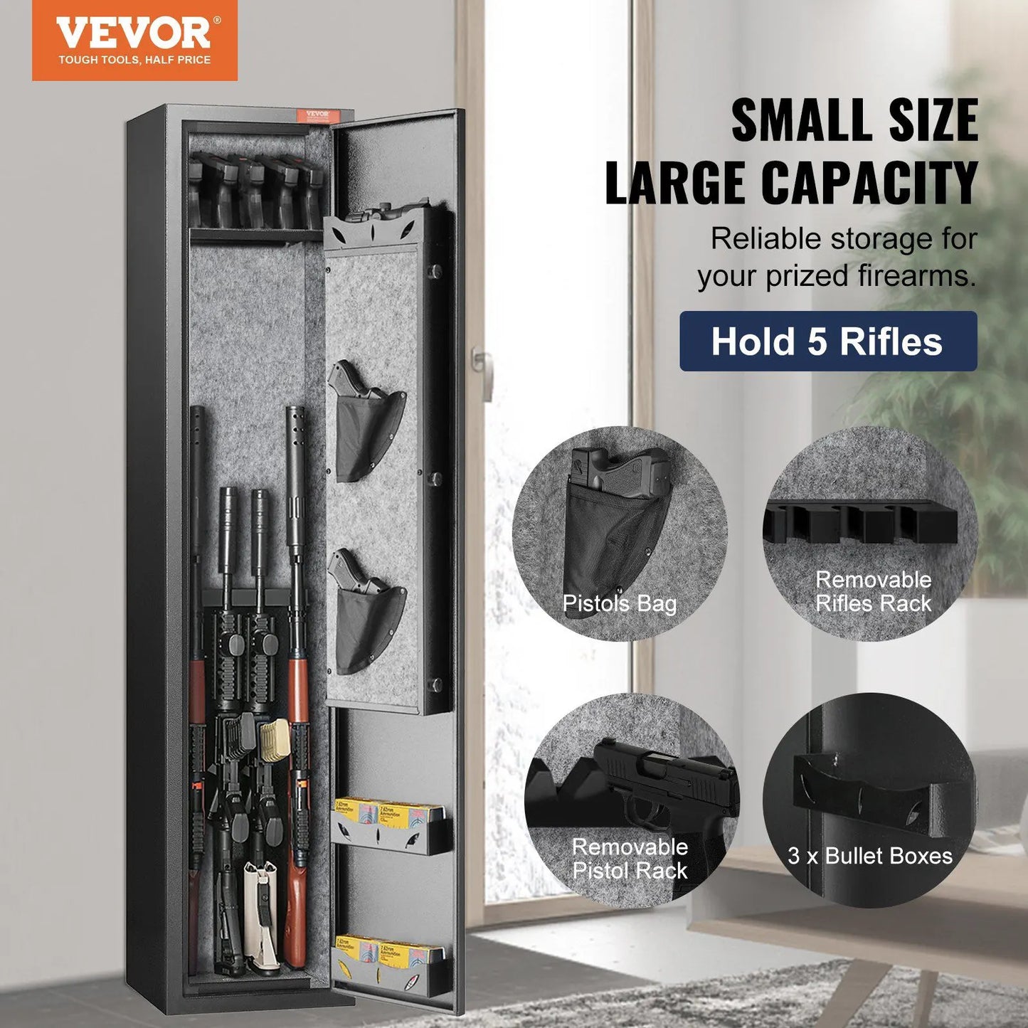 VEVOR Fingerprint-Enabled Rifle Safe with Quick Access for Shotguns, Pistol Rack & Removable Shelf