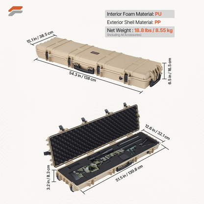 VEVOR Waterproof Hard Rifle Case with Wheels & Pre-cut Foam - 50 inch Dustproof Gun Storage for Rifle and Shotgun