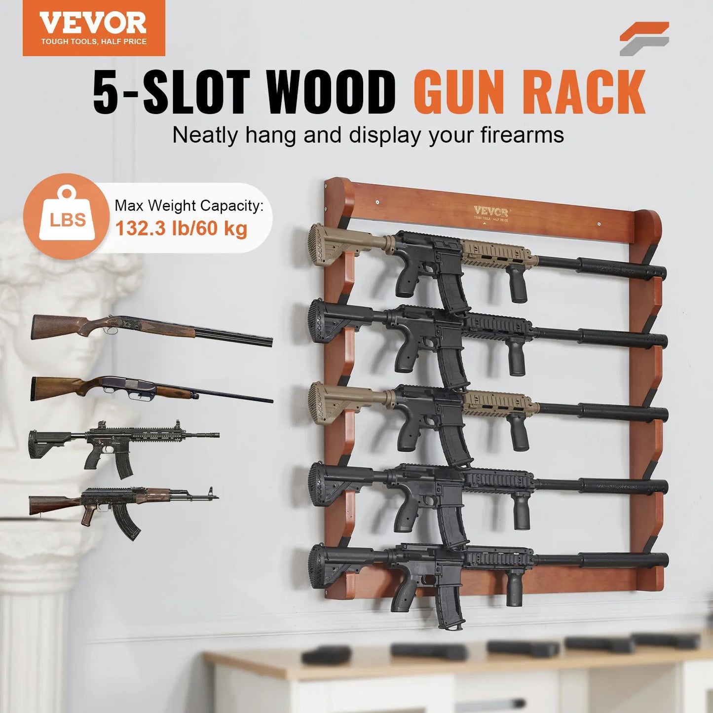 Wooden Wall-Mounted Gun Rack for 5 Rifles & Shotguns – Heavy Duty Display with Soft Padding